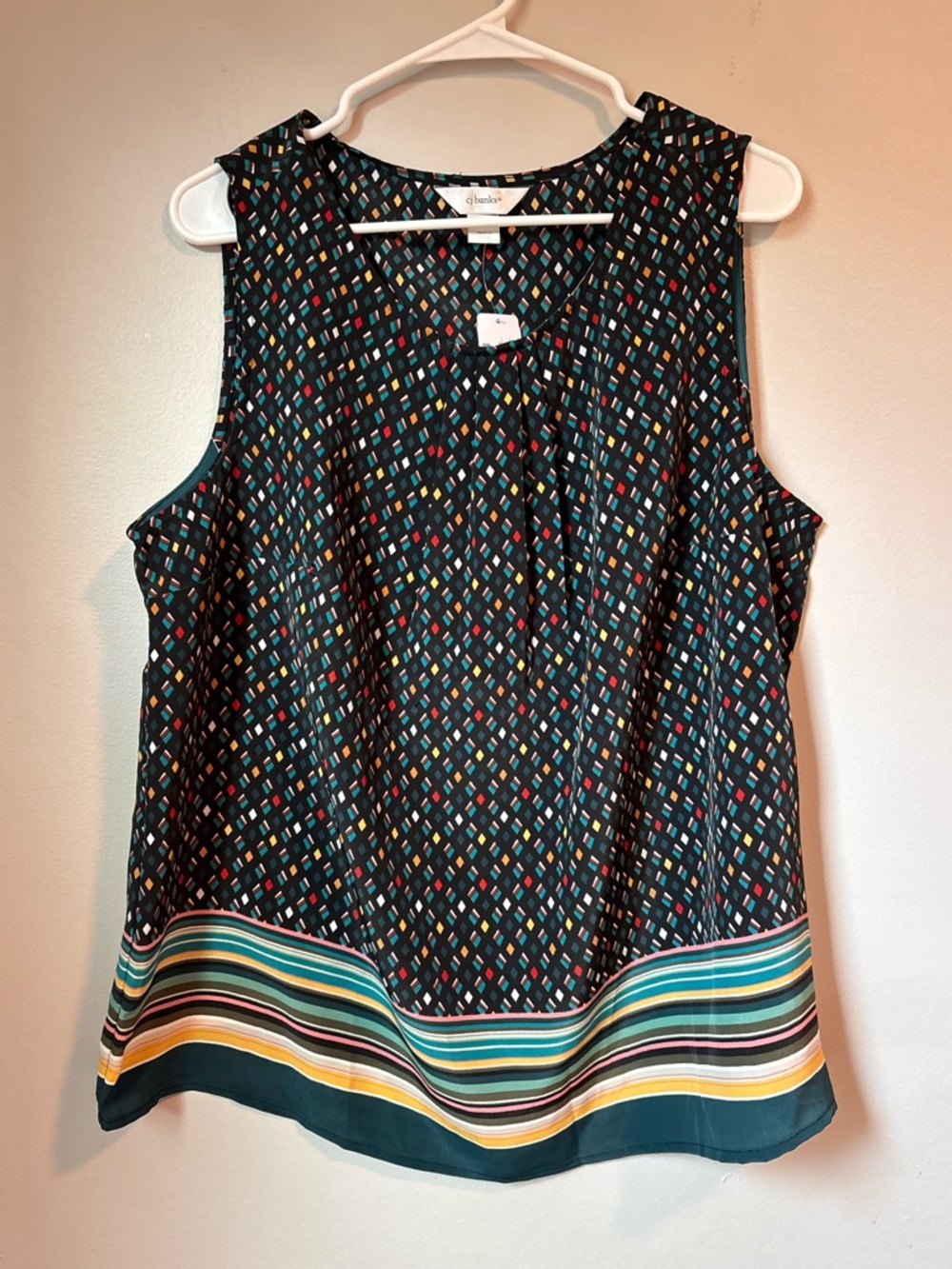 CJ Banks Teal & Black Geometric Sleeveless Blouse